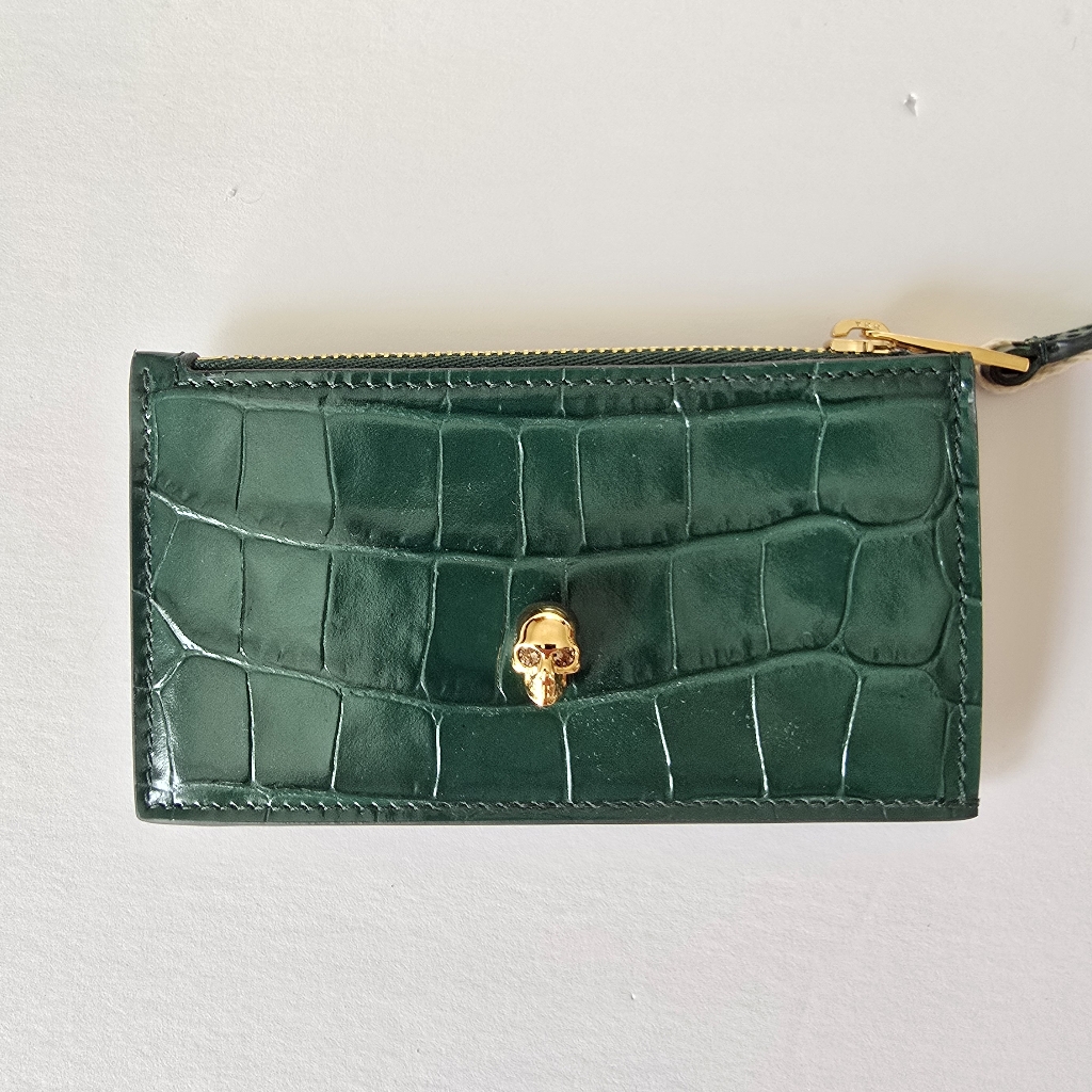 Alexander Mcqueen CrocEmbossed Leather Skull Card Holder Green Gold